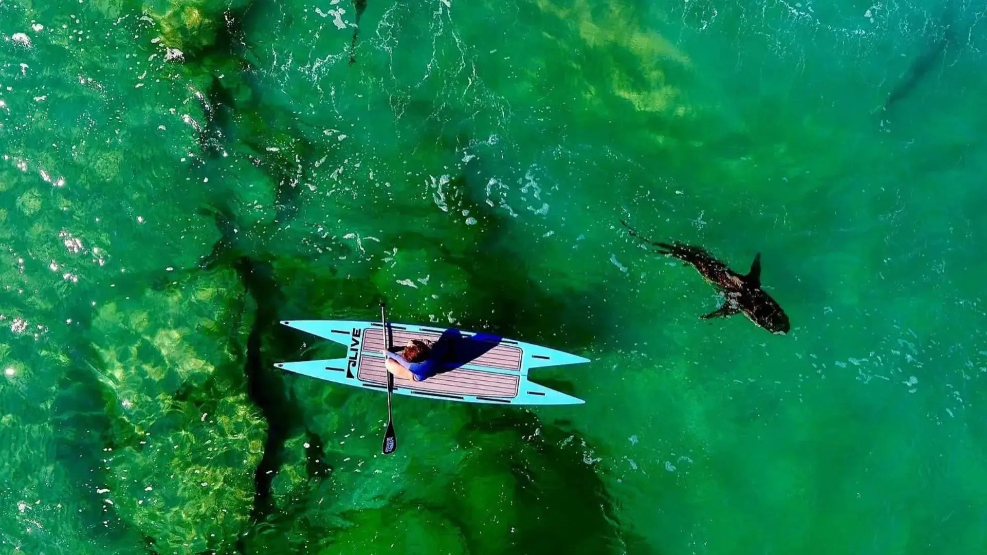 Light blue paddleboard with non-slip EVA foam deck floating in clear turquoise water