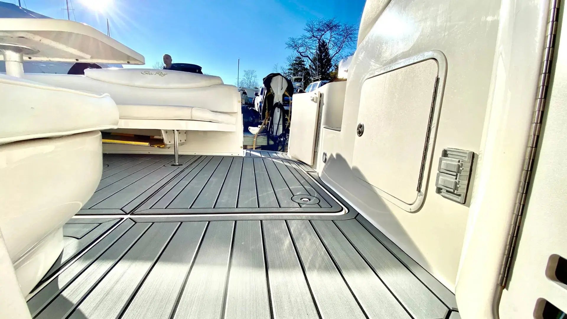 Gray EVA foam boat floor with non-slip design on aluminum boat