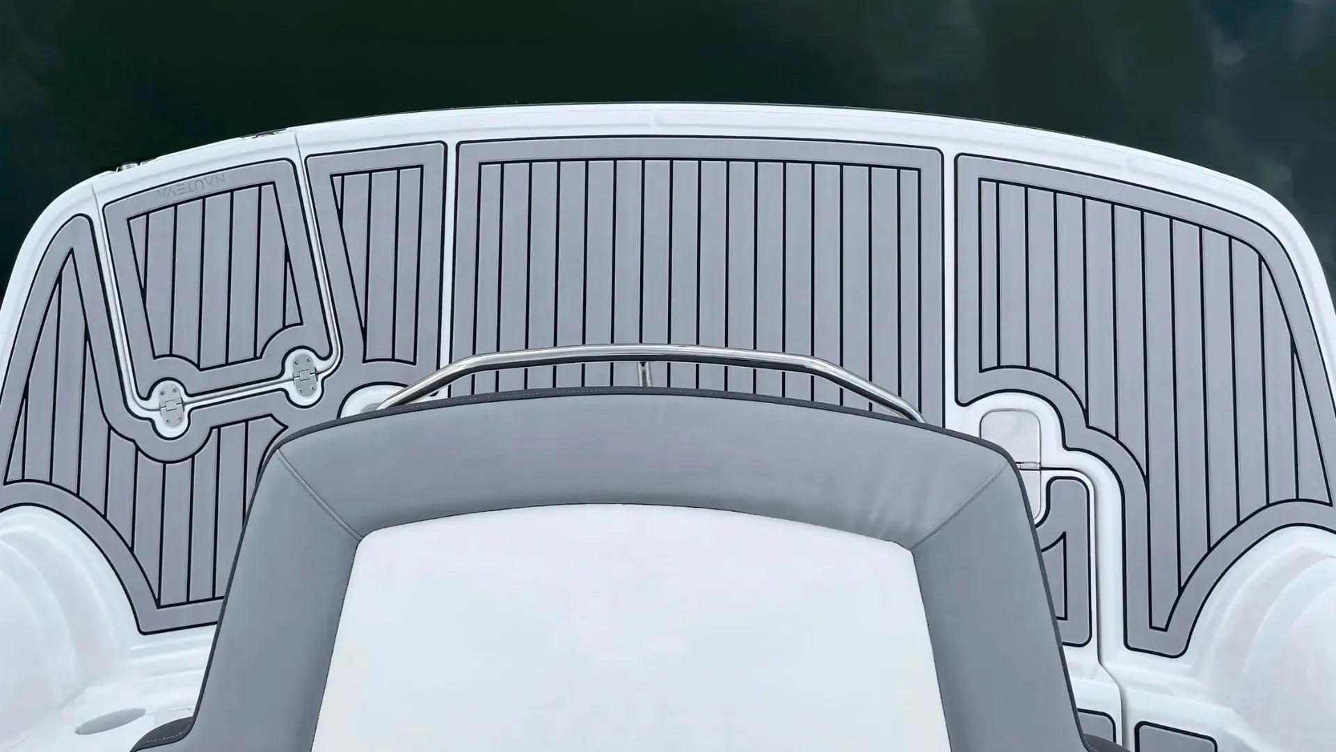 Gray EVA foam boat flooring installed on pontoon boat interior