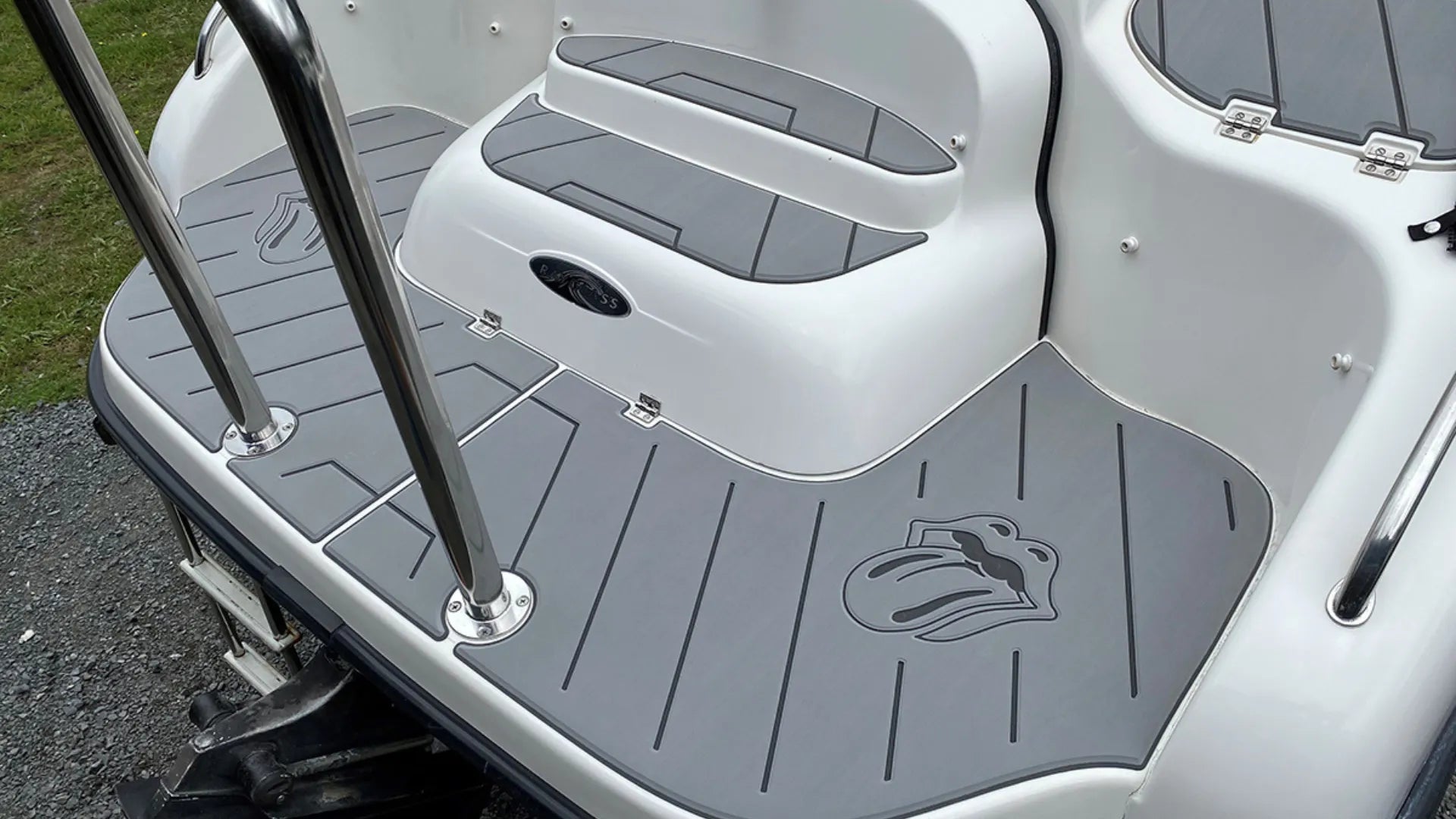 Gray EVA foam boat flooring with logo in boat interior