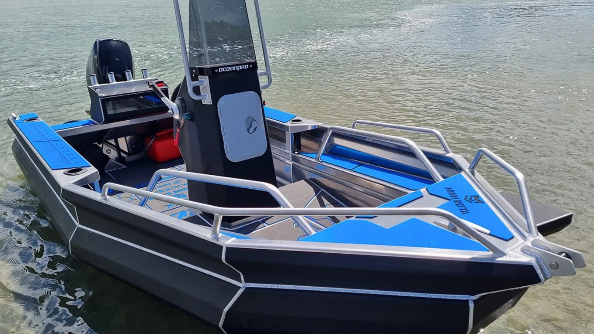 Aluminum boat with blue EVA foam non-slip flooring on water