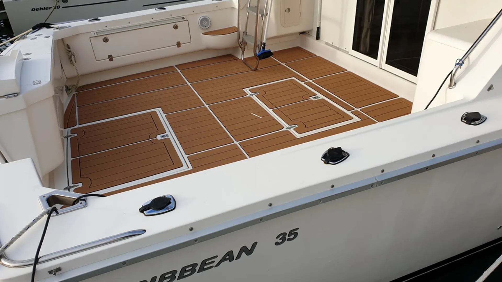 Brown EVA foam flooring with non-slip grip on Caribbean 35 boat cabin