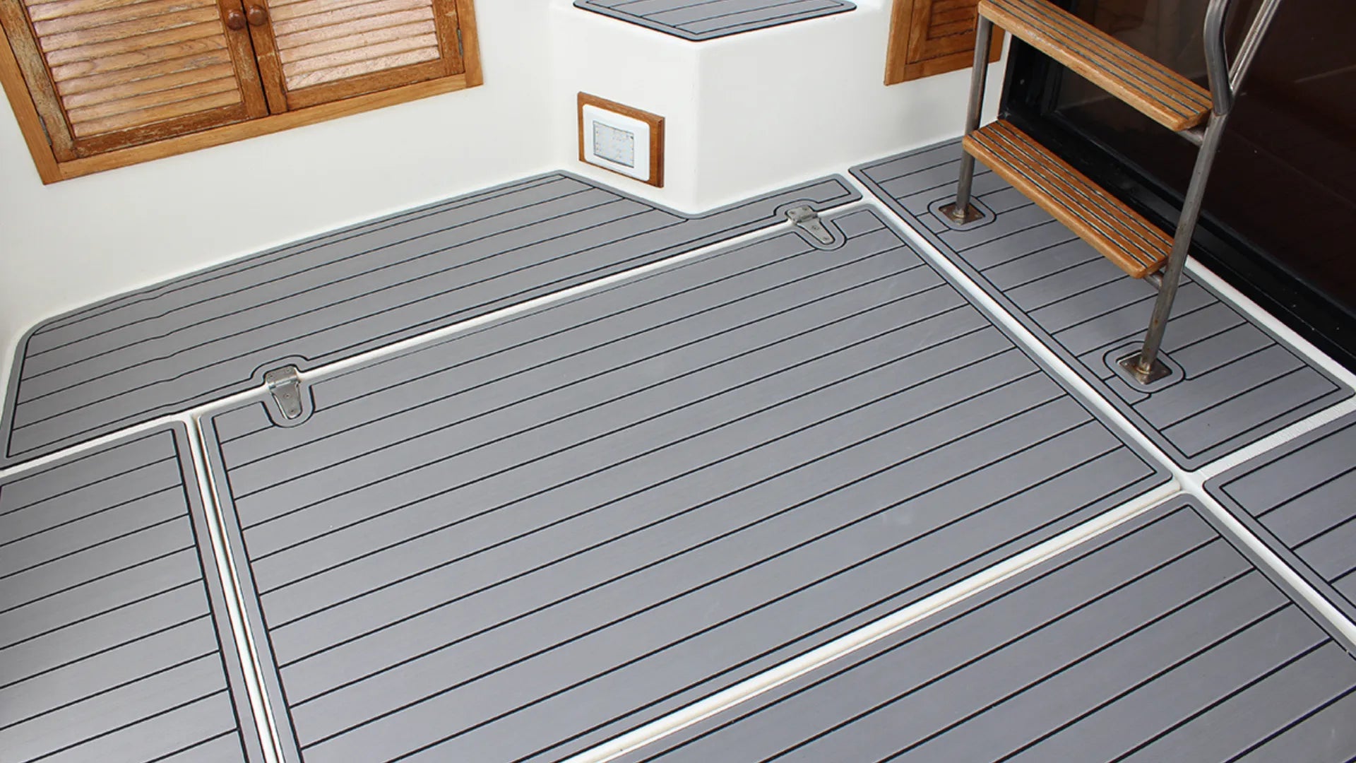 Gray EVA foam boat flooring with non-slip grip in aluminum boat interior