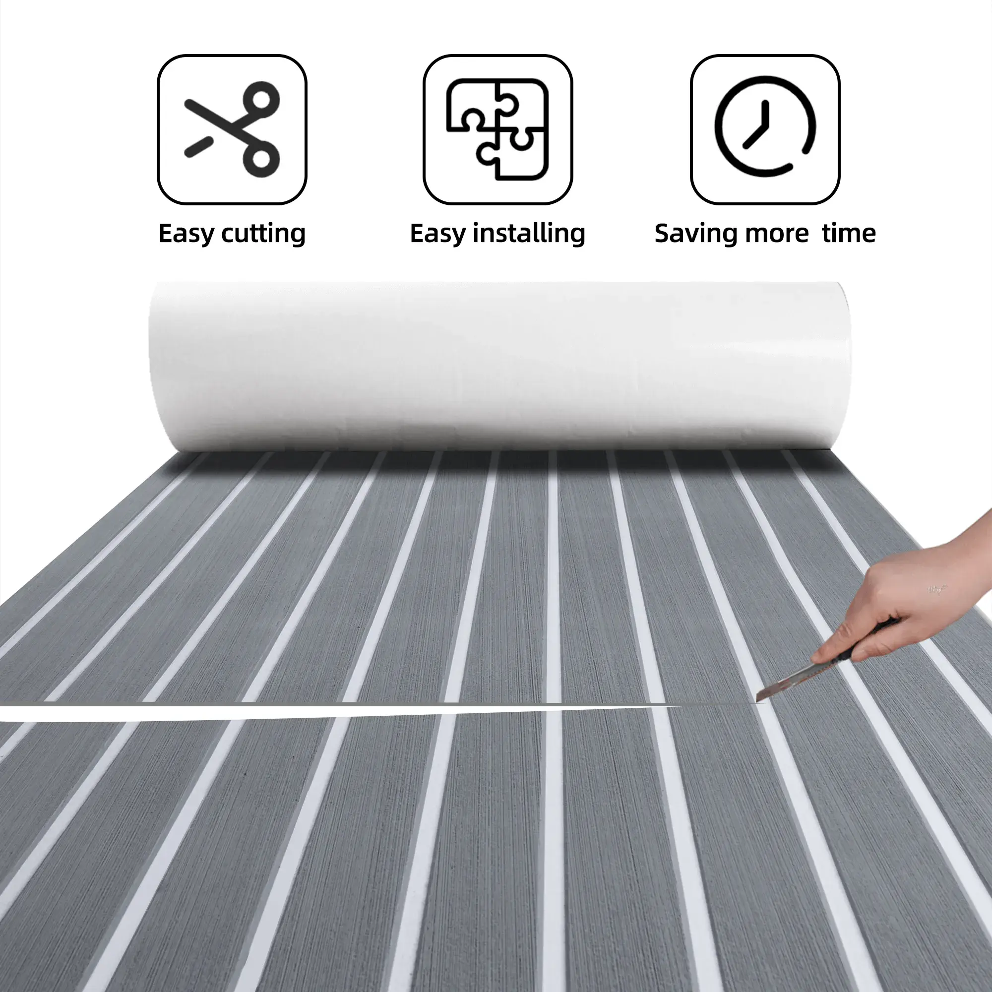 DIY boat floor installation with striped EVA decking #color_sn-gray-white