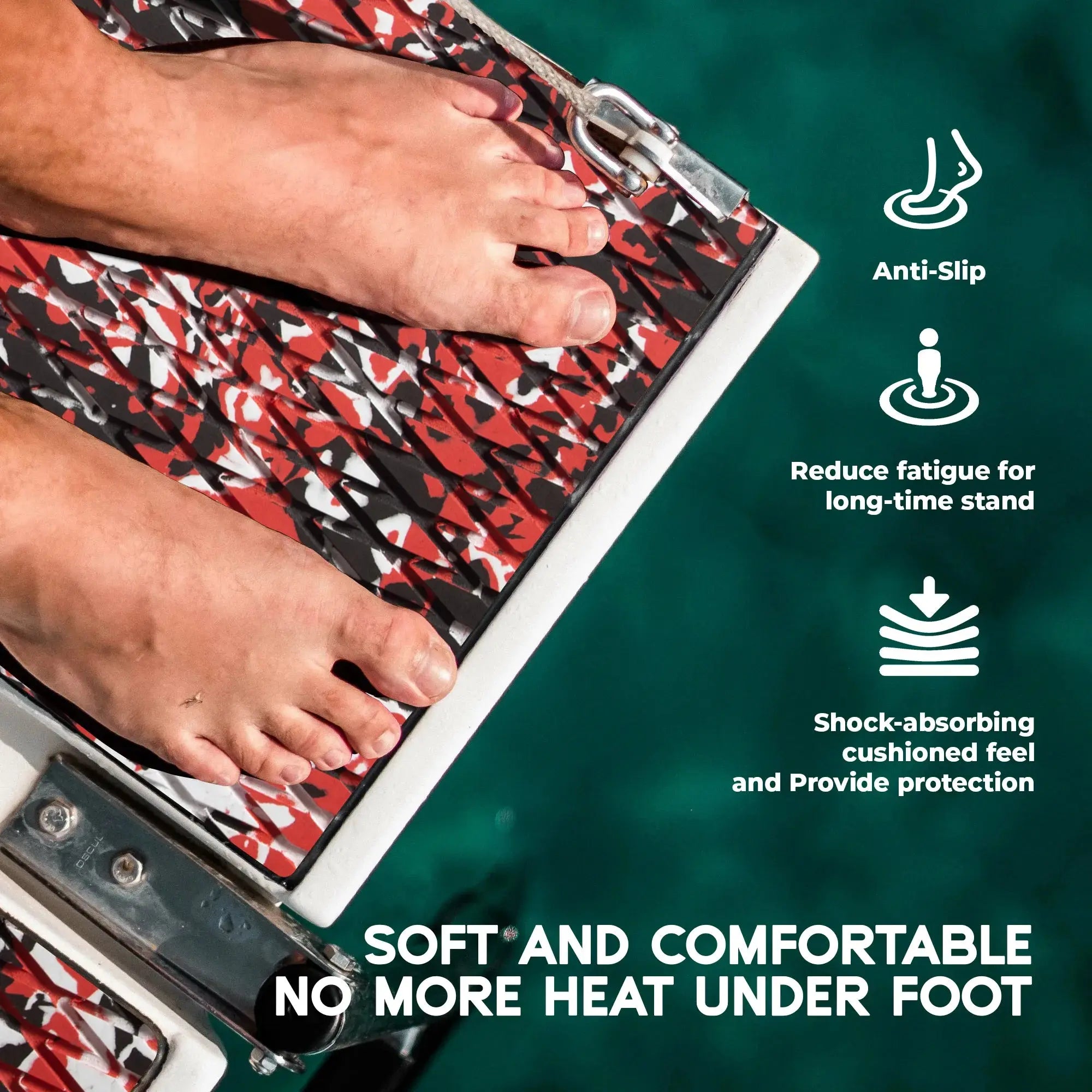 Camo diamond EVA foam boat flooring with non-slip grip, feet on flooring over water #color_co-ruby