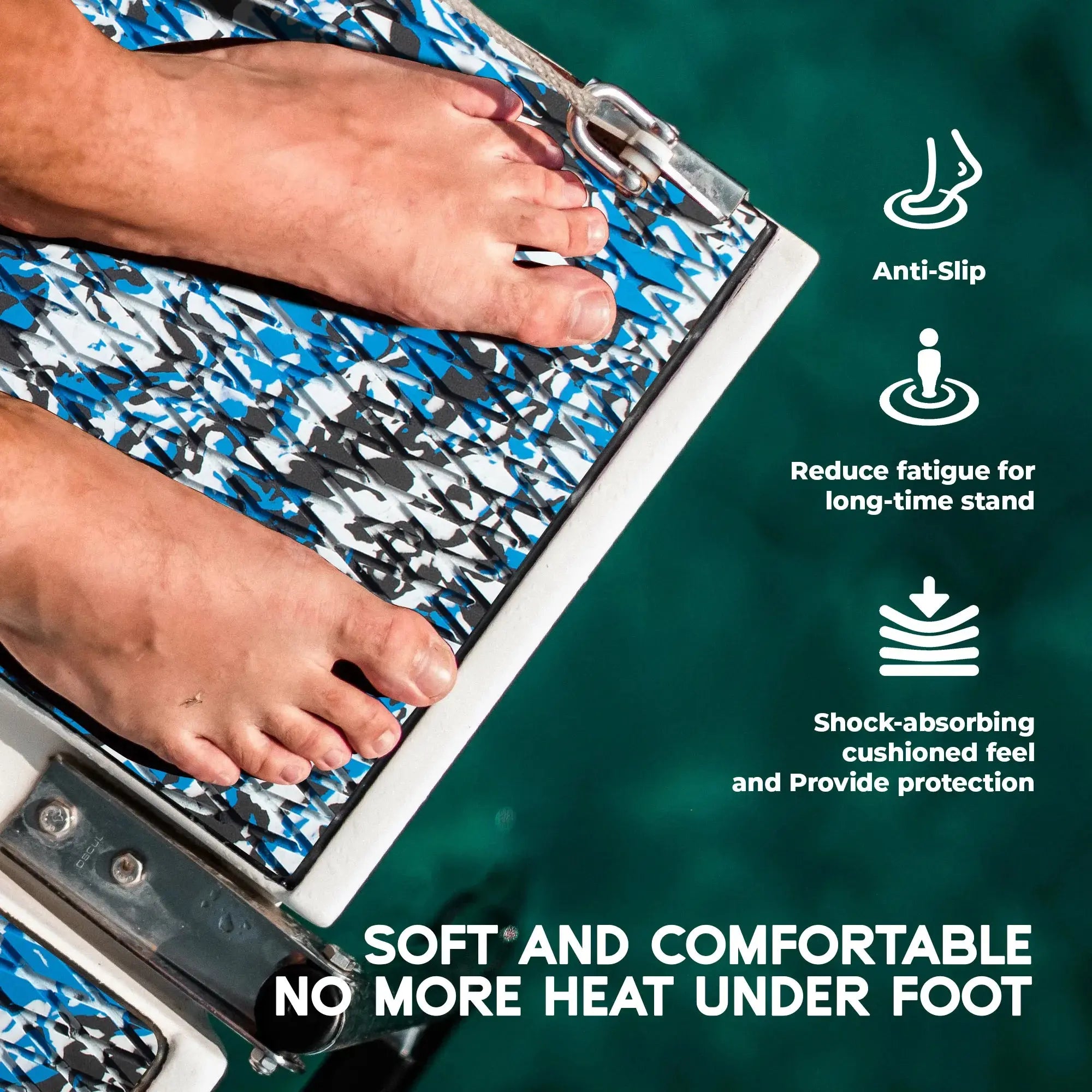 Feet on camo diamond EVA boat flooring with anti-slip cushioned surface #color_co-sapphire