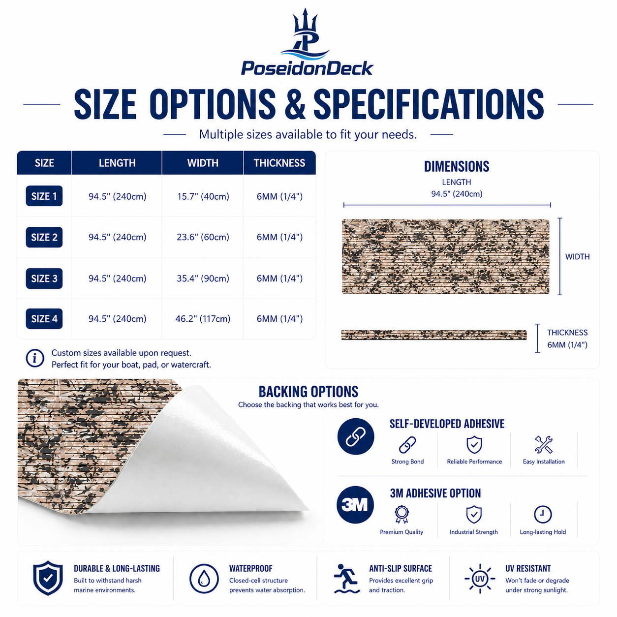 Beach camo EVA foam boat flooring size options with 6mm thickness and backing choices