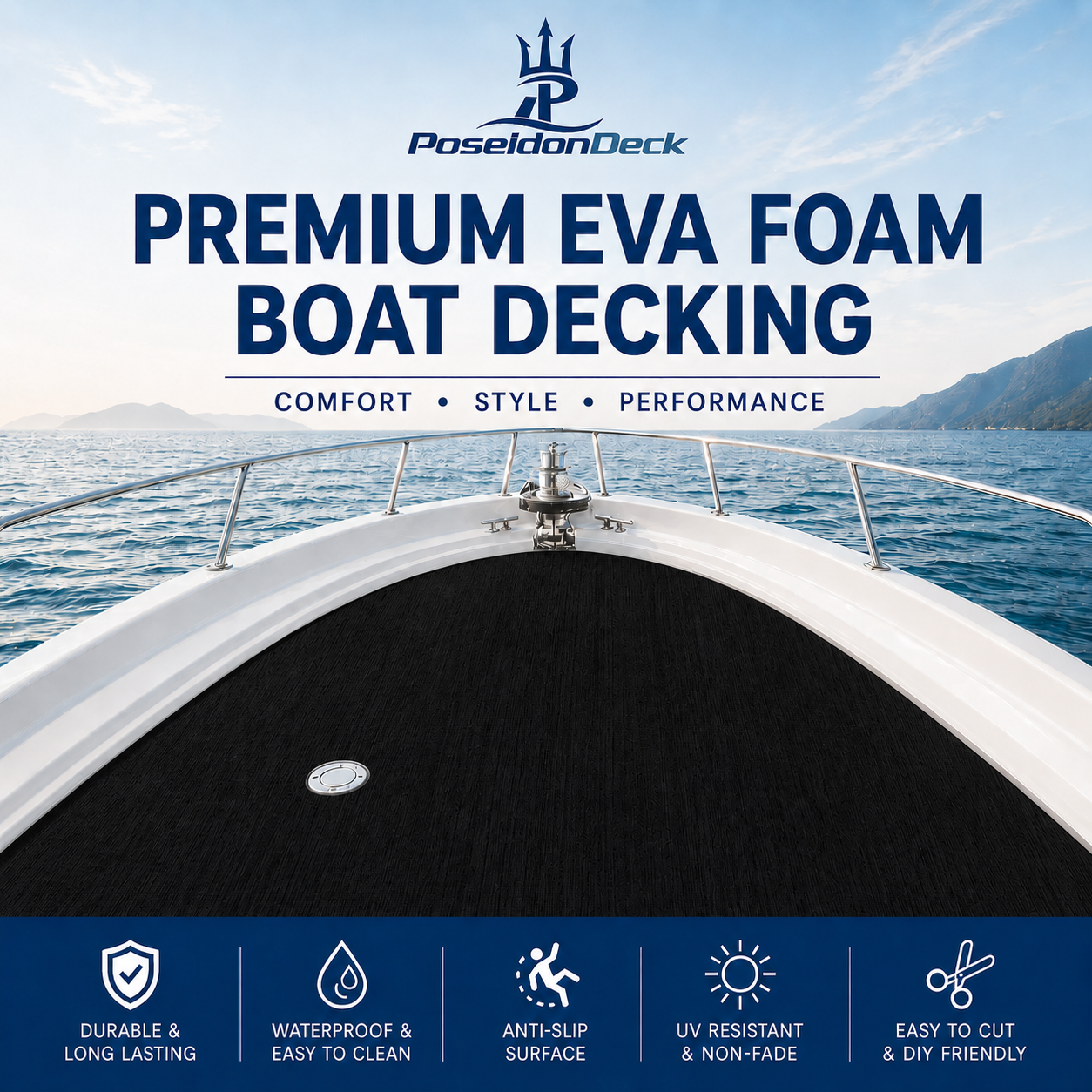PoseidonDeck Black marine flooring EVA foam boat flooring 94.5 x 15.7 in with 3M adhesive product sheet