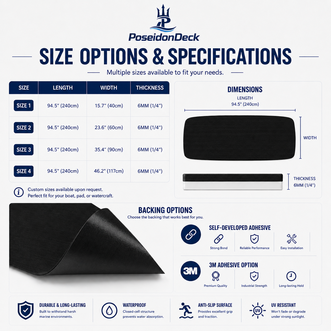 PoseidonDeck Black marine flooring EVA foam boat flooring 94.5 x 47.2 in with adhesive backing product sheet