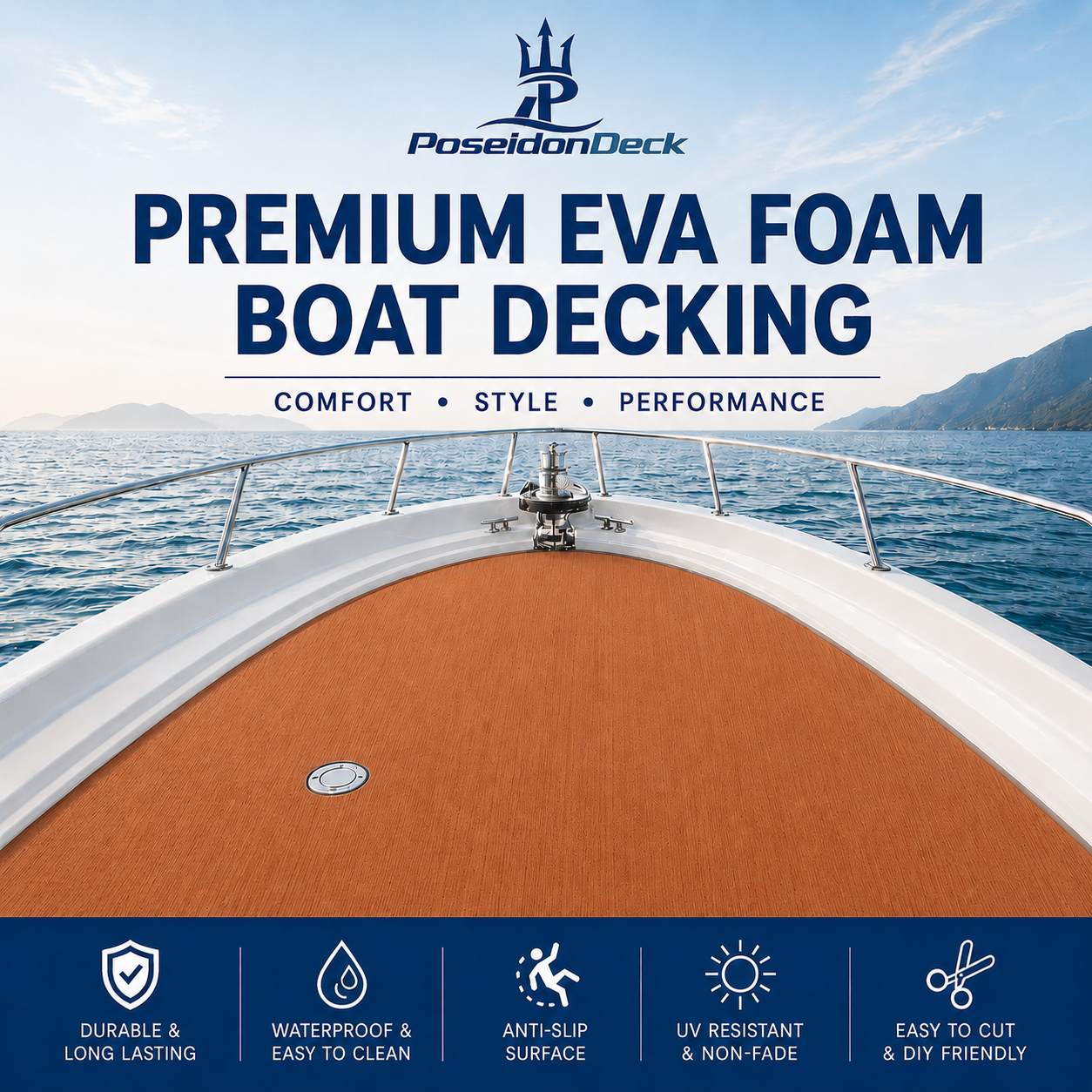 PoseidonDeck Brown marine flooring EVA foam boat flooring 94.5 x 15.7 in with 3M adhesive product sheet