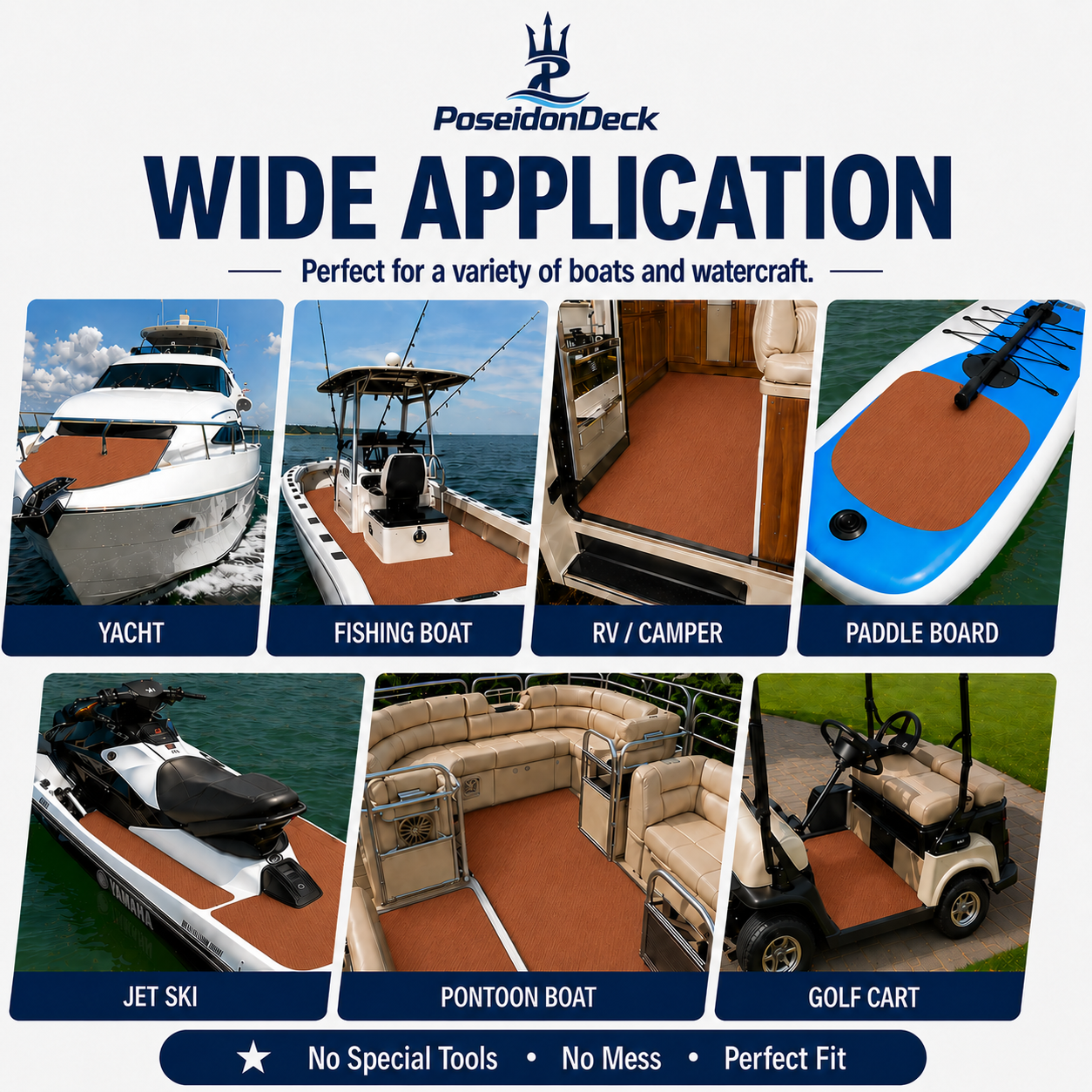 PoseidonDeck Brown marine flooring EVA foam boat flooring 94.5 x 35.4 in with 3M adhesive product sheet
