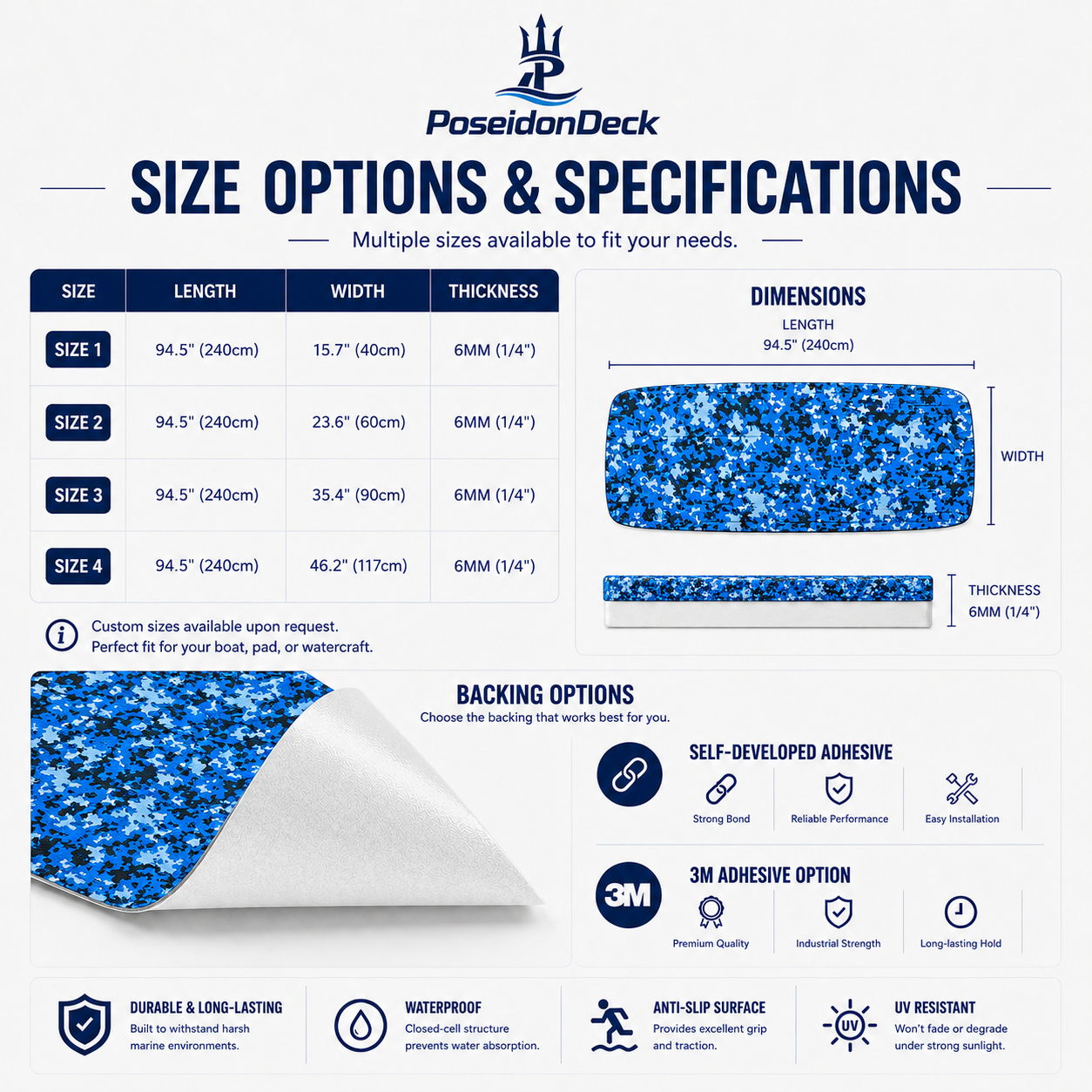 Ocean solid color EVA foam boat flooring size options 6mm chart