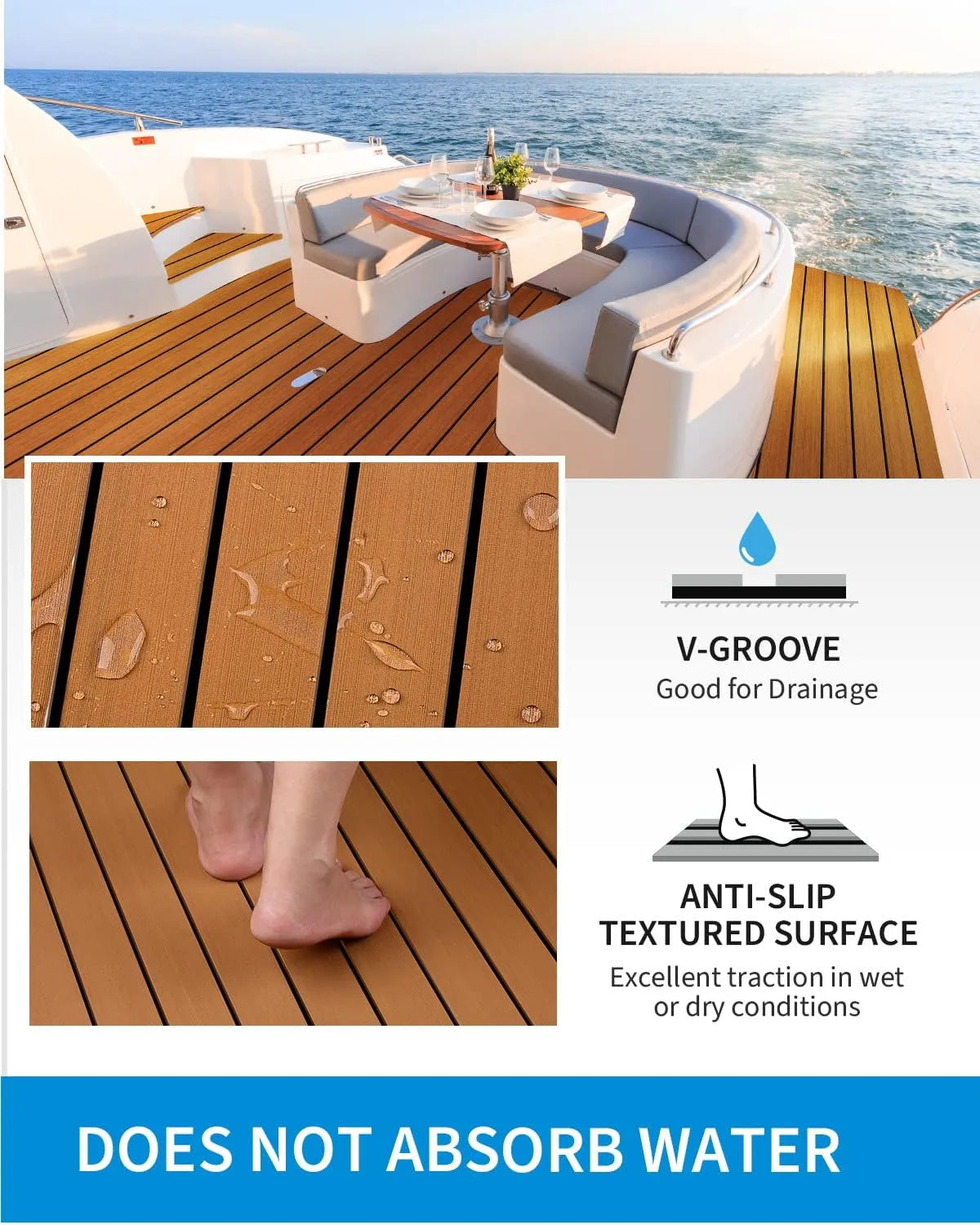Yacht deck with wooden flooring, water droplets, and text highlighting features. #color_brown-black
