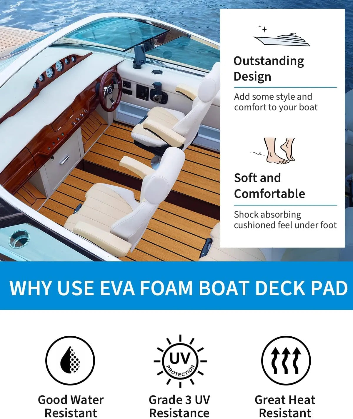 EVA foam boat deck pad with boat interior and features listed. #color_brown-black