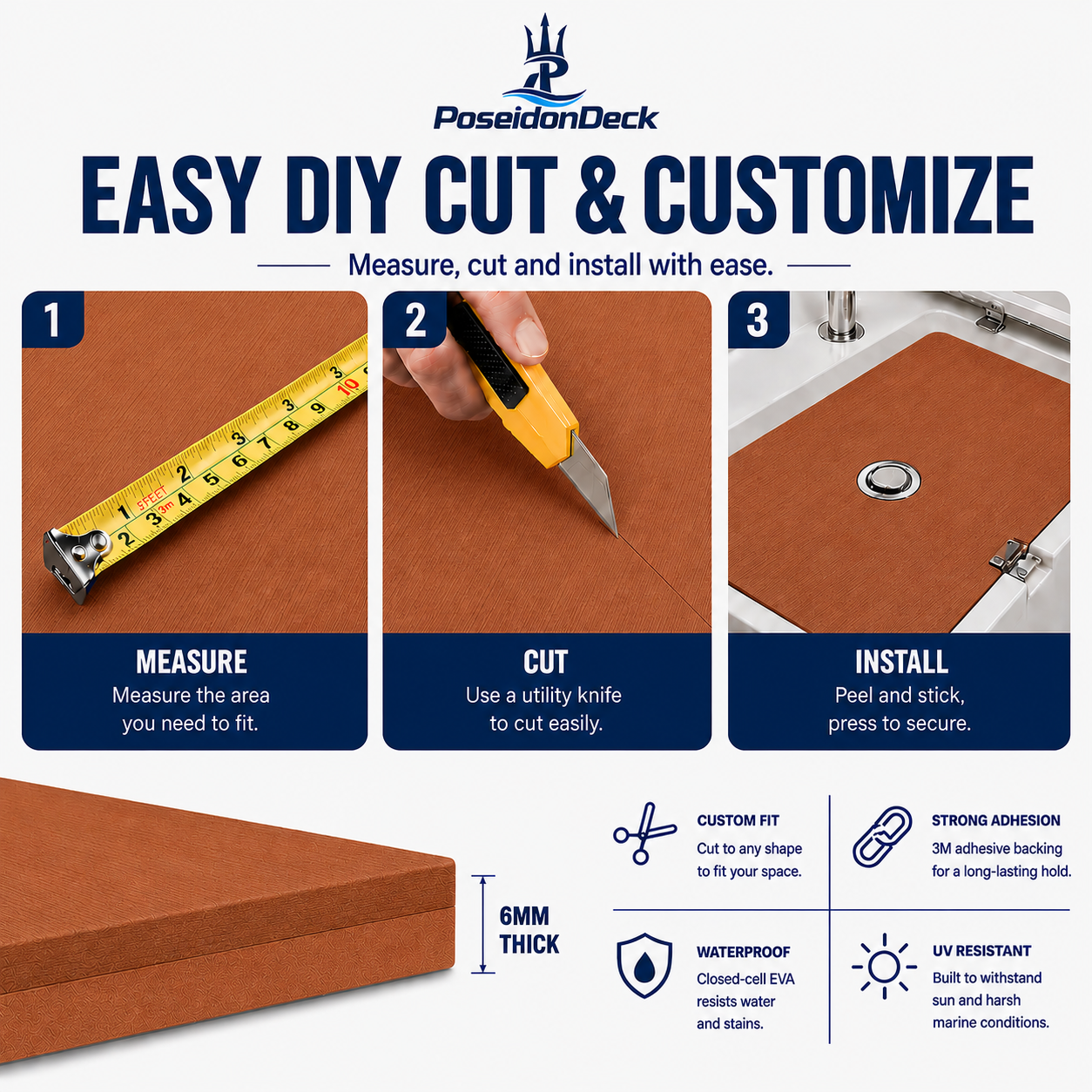 PoseidonDeck Brown marine flooring EVA foam boat flooring 94.5 x 35.4 in with adhesive backing product sheet 