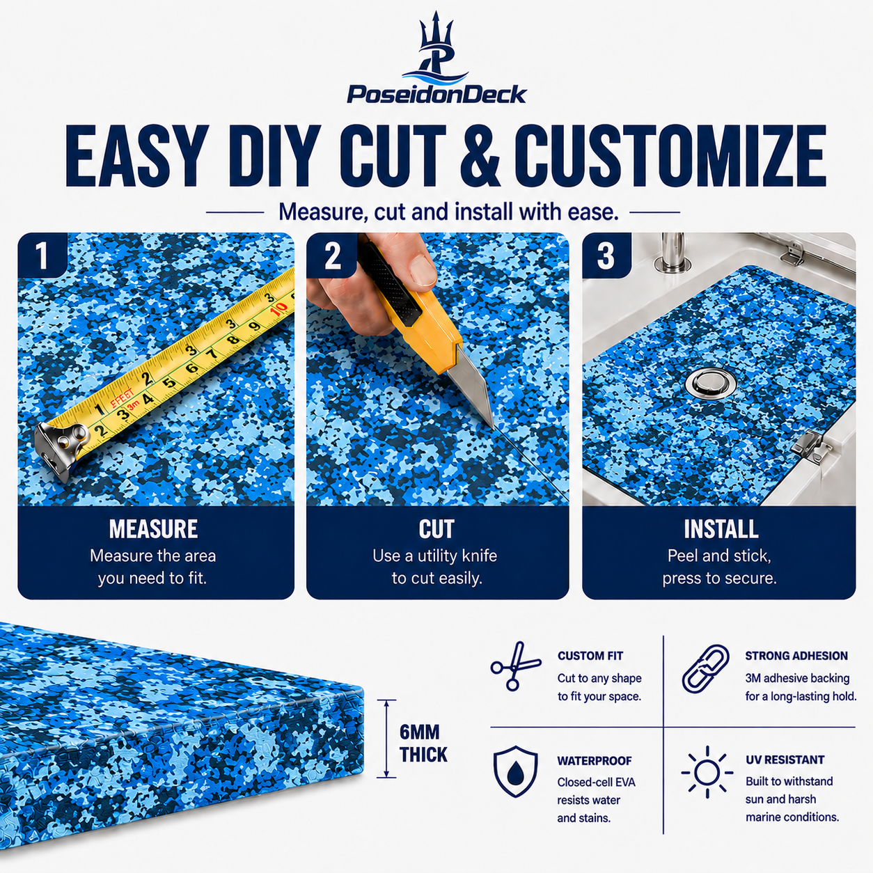 Ocean solid color DIY boat deck flooring cut and install guide 